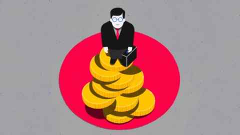Maria Hergueta illustration of a businessman standing on a pile of coins on top of a Japanese red sun