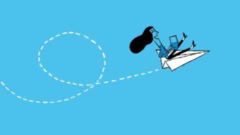 Illustration of a woman with a laptop on her lap, sitting on a paper aeroplane flying through the air