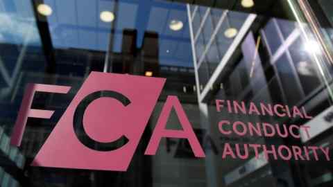 Signage for the Financial Conduct Authority (FCA), Britain’s financial regulatory body