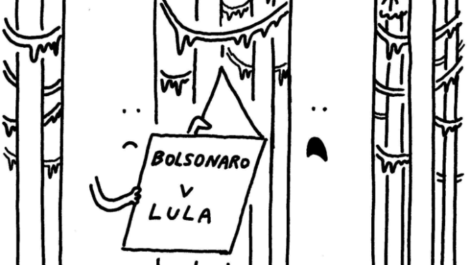 An illustration by Banx showing two trees with unhappy facial expressions in a forest. One of the trees is holding a newspaper with the words Bolsonaro vs Lula on it