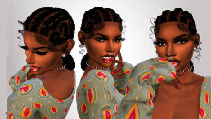 Three images show a black woman with elaborate hair, nails and eyelashes in different poses