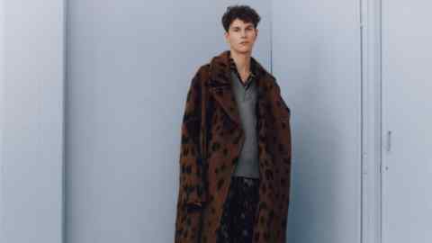 Jil Sander by Lucie and Luke Meier wool and mohair coat, £3,360. AMI wool sleeveless sweater, £265. Agnès B viscose-mix jacket, £395, and trousers, £205. John Lobb leather shoes, £1,075