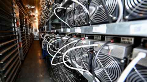 A bank of cryptocurrency miners operates at the Scrubgrass Plant in Kennerdale, Pennsylvania