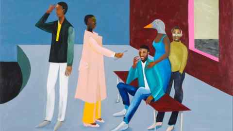 Le Rodeur: The Exchange’, 2016, by Lubaina Himid: a painting of five Black people in colourful clothing, with one woman wearing a bird’s head mask, in a room with blue and purple walls
