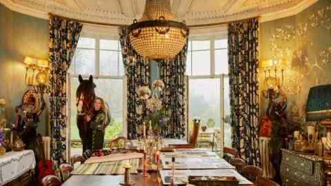Alice Temperley at home at Cricket Court with her Shire horse Tiny and alpacas This and That, Geronimo and Hercules. The curtains are embroidered Lavinia fabric from her new collection