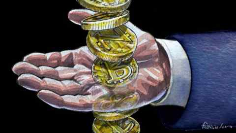 James Ferguson illustration of a man’s hand in suit holding cryptocurrency coins