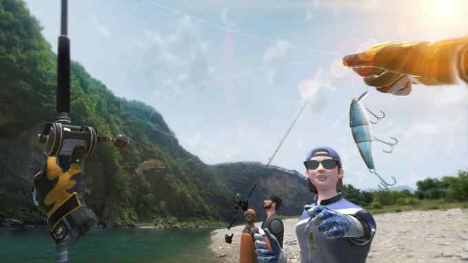 Screenshot of a video game wherein there are three fishermen and a virtual hand trying to catch fish from a river. In the background is a lush mountainside and sunny skies