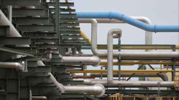 Pipes carrying substances including hydrogen, steam and nitrogen at the Leuna Refinery and Chemical Park, Germany, May 2022.