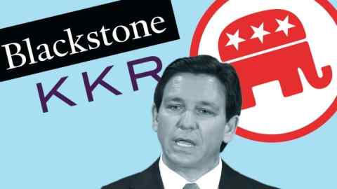 A montage of the logos of Blackstone and KKR and a photo of Ron DeSantis