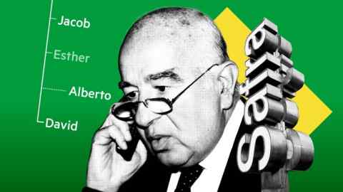 Montage of images. Close-up of Joseph Safra against a green background with a Safra logo and an outline of a family tree of his sons
