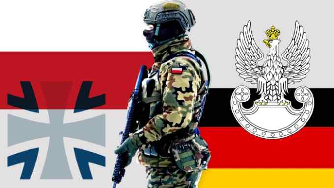 Cutout of a German soldier in combats and wearing fatigues against a background of the German and Polish flags