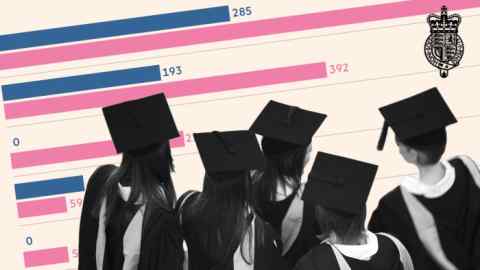 Students in graduation gowns with a pink and blue horizontal bar graph in the background
