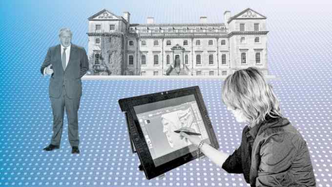 Montage of Boris Johnson, Moreton Hall and a woman designing on a touch screen using a pen