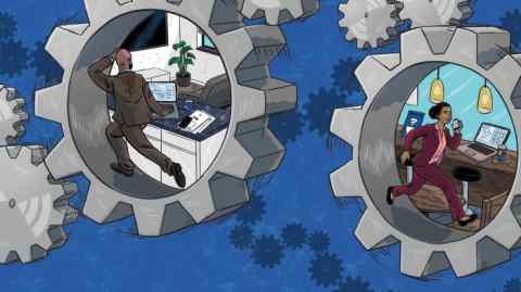 illustration of office workers running inside gears