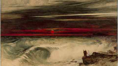 A painting of violent waves battering the shore under a blood red sky