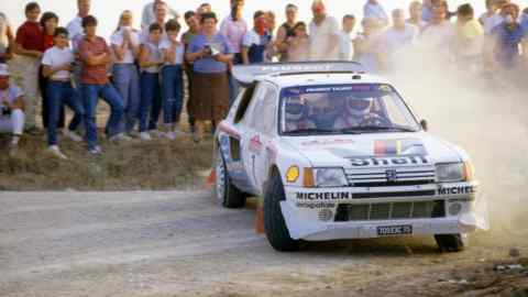 The Peugeot 205 T16 E2 competes in the 1985 World Rally Championship in Italy