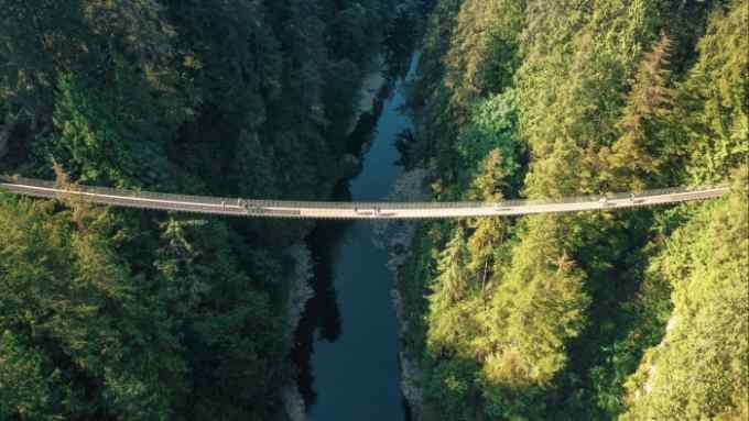 An aerial shot of people crossing the pedestrian Capilano Suspension Bridge, which connects two steep forested banks