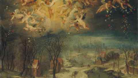 Angels scatter snow from the skies in an early 17th-century winter landscape by Jan Brueghel the elder