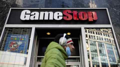 Signage outside a GameStop store in New York