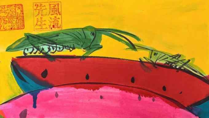 Ink painting of two grasshoppers on top of large pink and red pieces of watermelon against a yellow background