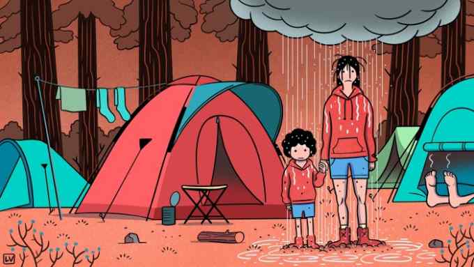Illustration of a mother and child in a campsite