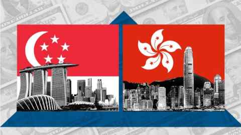 A montage image showing a flag and cityscape of Singapore and Hong Kong, with a background showing US dollar bills